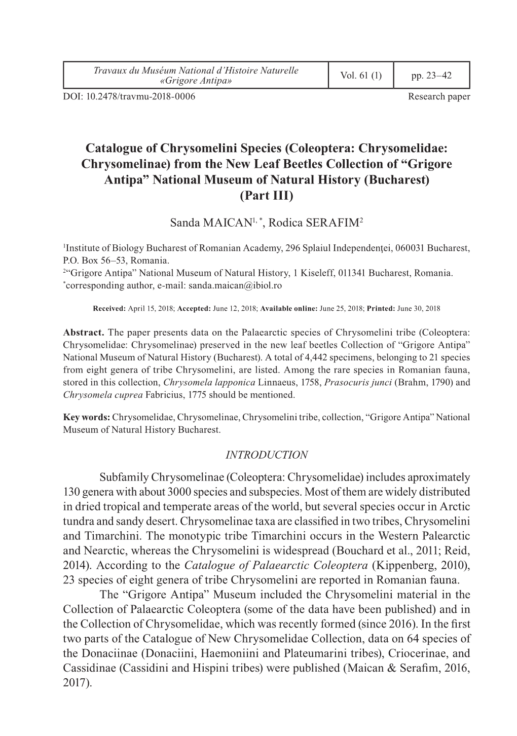 Catalogue of Chrysomelini Species (Coleoptera: Chrysomelidae