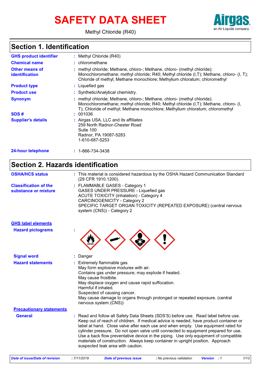 SAFETY DATA SHEET Methyl Chloride (R40) - DocsLib