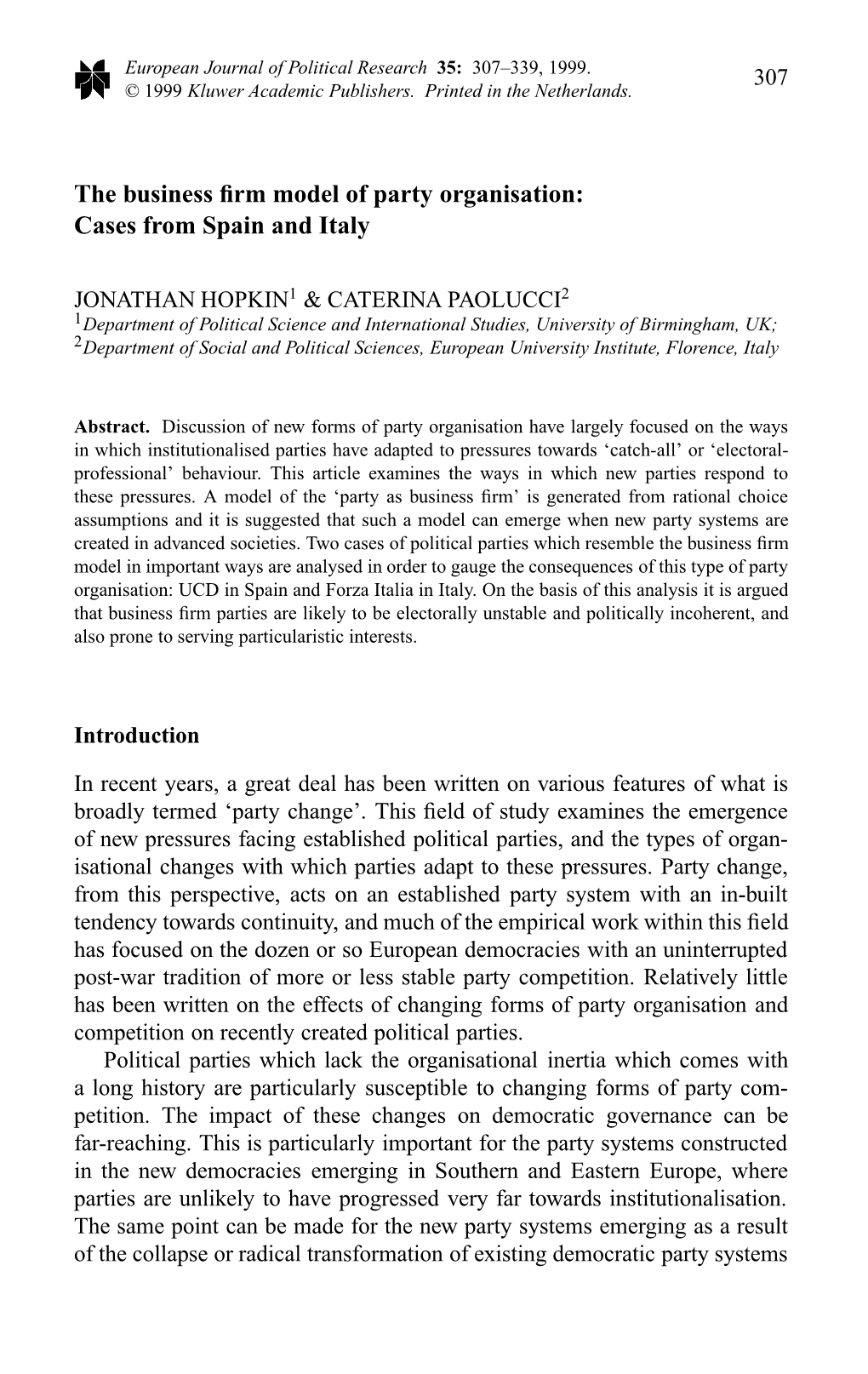 The Business Firm Model of Party Organisation: Cases from Spain and Italy