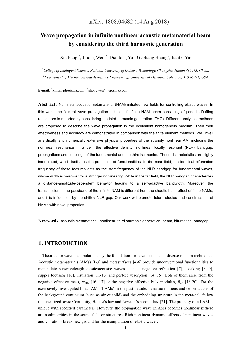 1808.04682 (14 Aug 2018) Wave Propagation in Infinite Nonlinear Acoustic Metamaterial Beam by Considering the Third Harmo