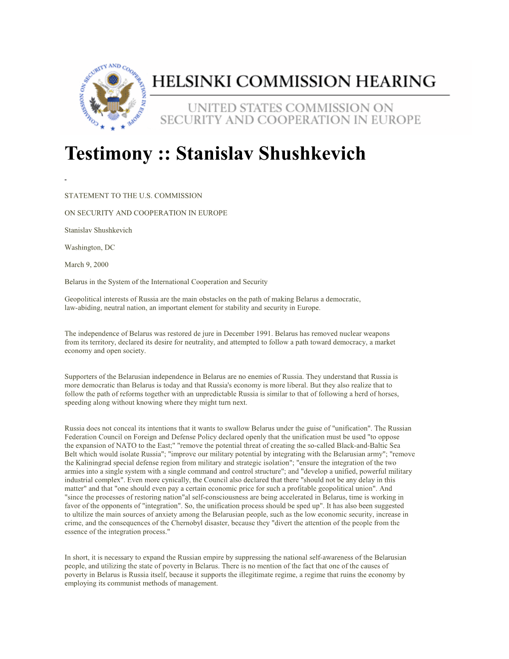 Testimony :: Stanislav Shushkevich