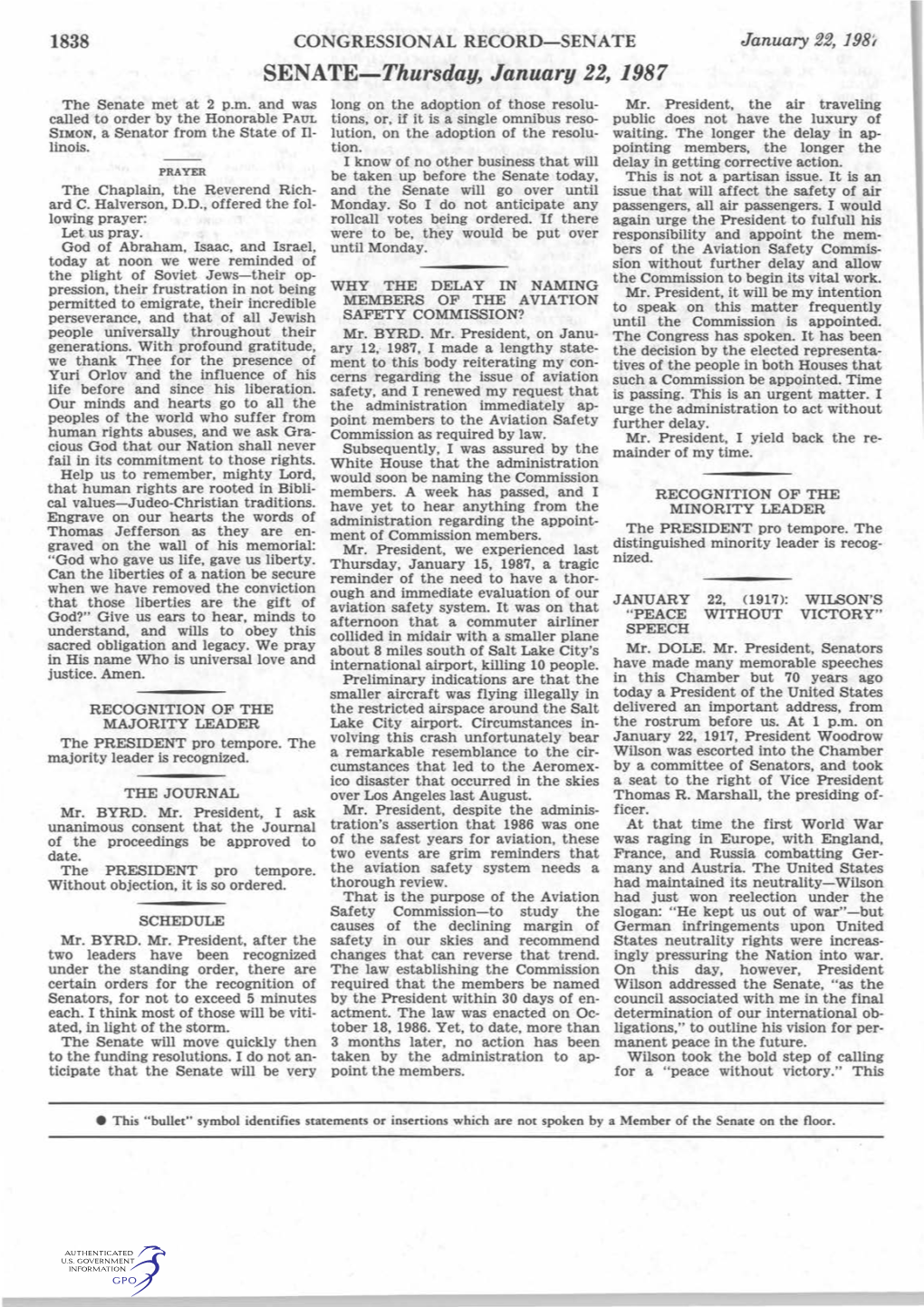 SENATE-Thursday, January 22, 1987 the Senate Met at 2 P.M