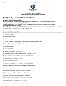 Monday, March 15, 2021 Regular Board of Trustees Meeting