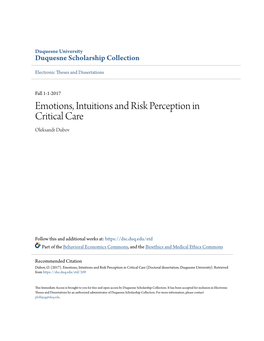 Emotions, Intuitions and Risk Perception in Critical Care Oleksandr Dubov