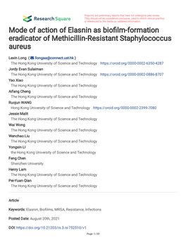 Mode of Action of Elasnin As Bio Lm-Formation Eradicator of Methicillin-Resistant Staphylococcus Aureus