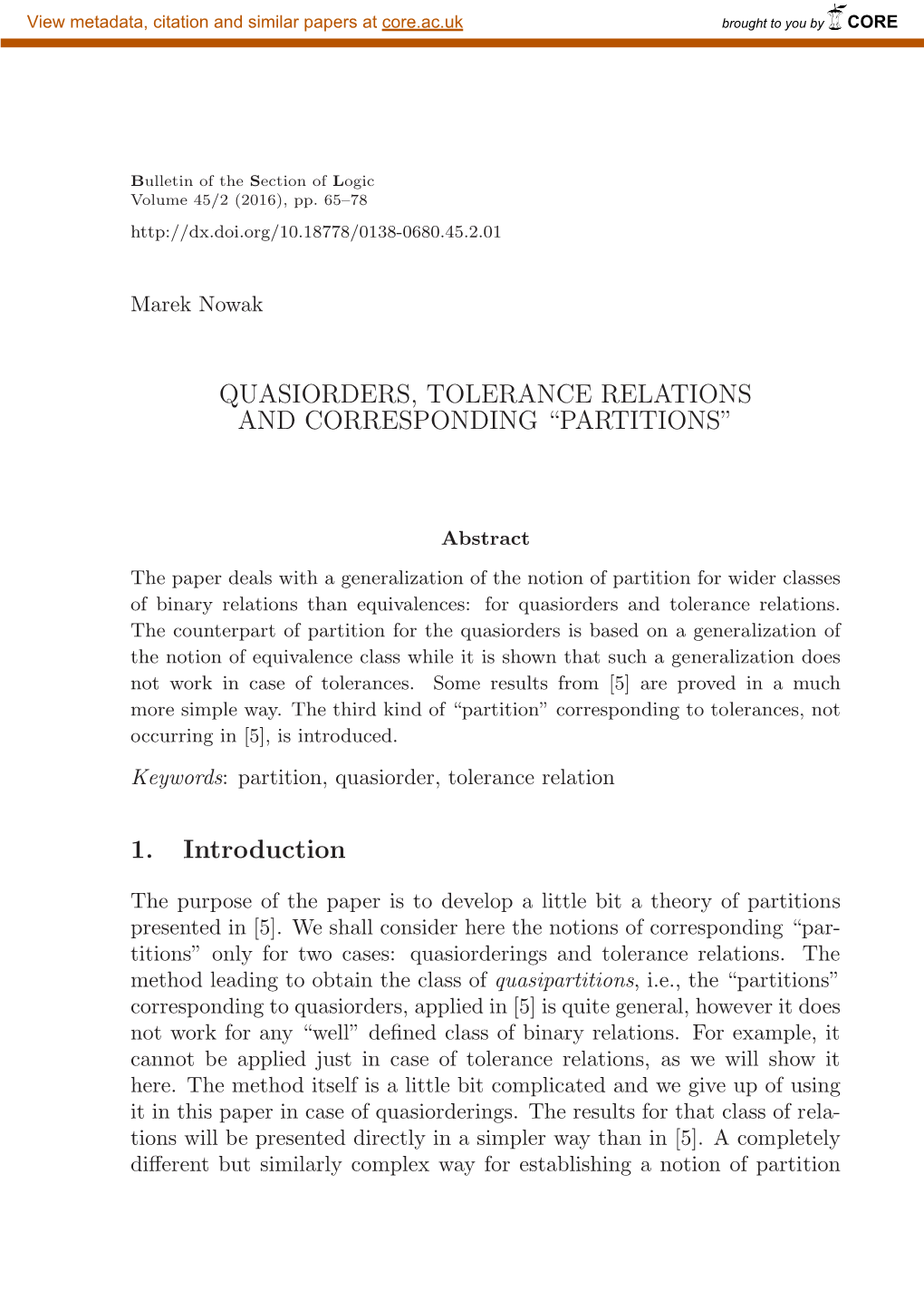 Quasiorders, Tolerance Relations and Corresponding “Partitions”