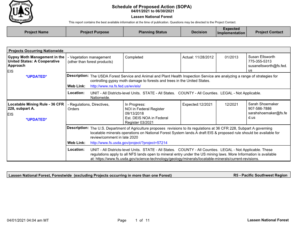 Schedule of Proposed Action (SOPA) 04/01/2021 to 06/30/2021 Lassen National Forest This Report Contains the Best Available Information at the Time of Publication