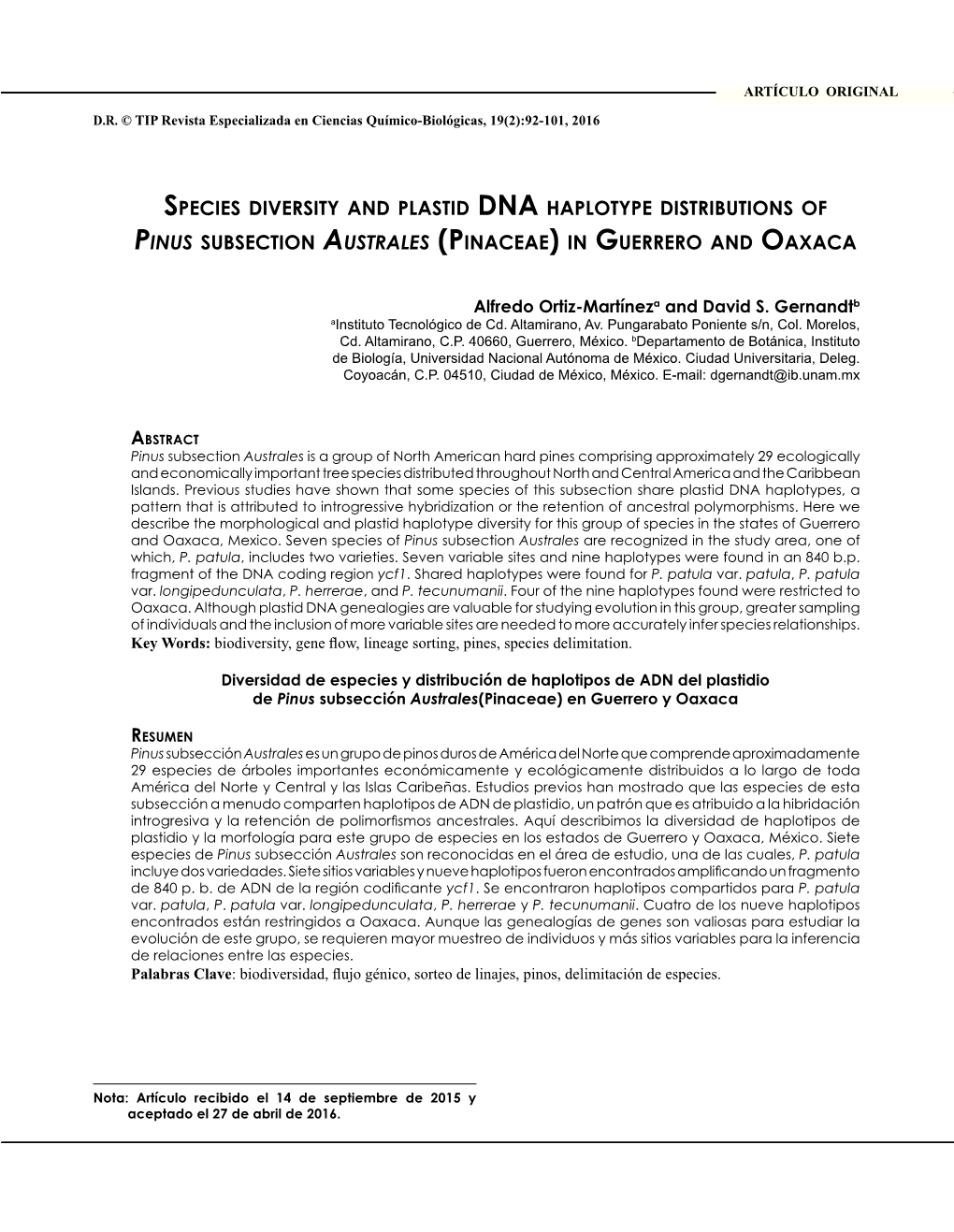 Species Diversity and Plastid Dna Haplotype Distributions of Pinus Subsection Australes (Pinaceae) in Guerrero and Oaxaca