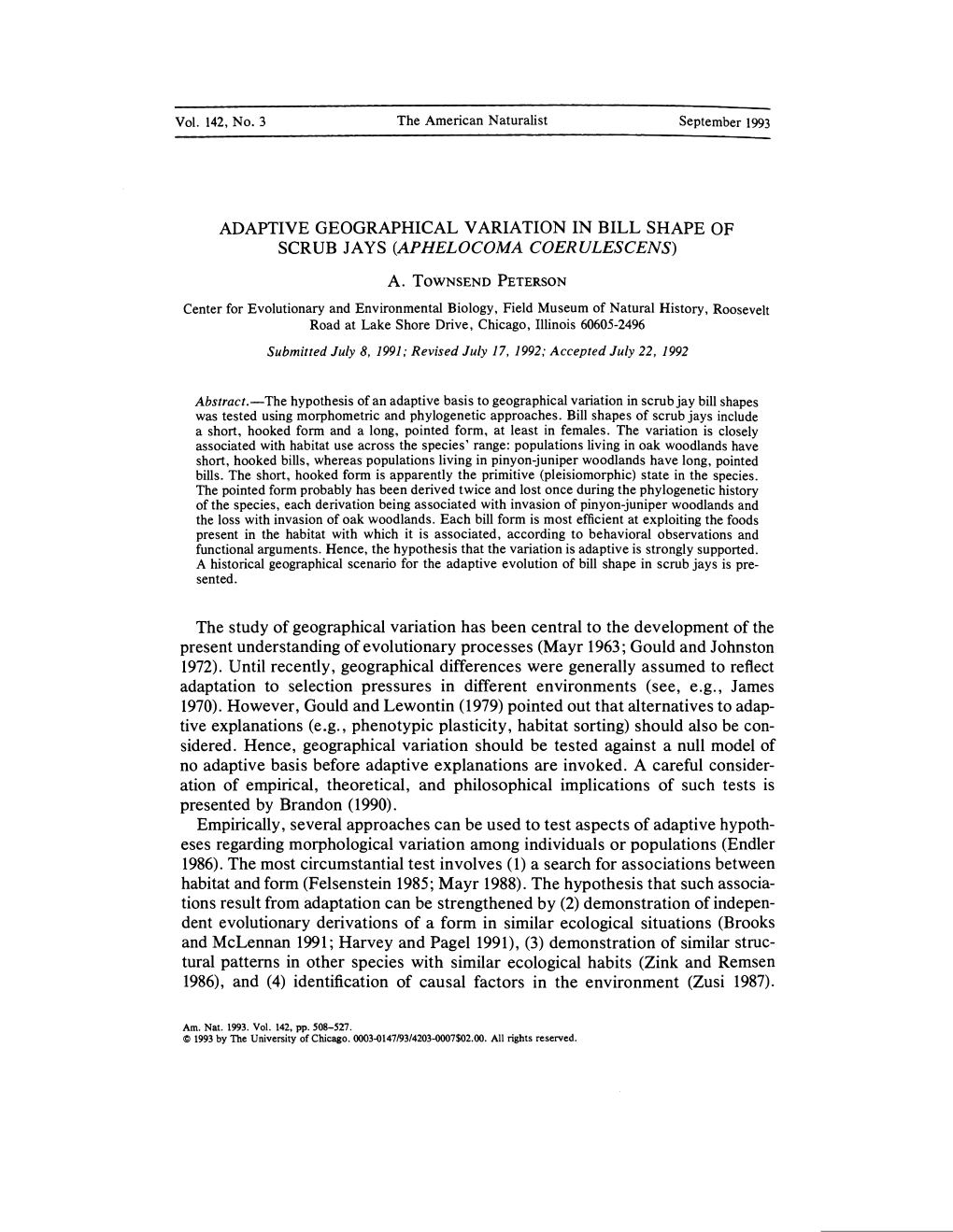 SCRUB JAYS TAPHELOCOMA COERULESCENS) the Study Of