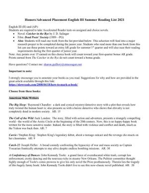 Honors/Advanced Placement English III Reading List 2008-2009