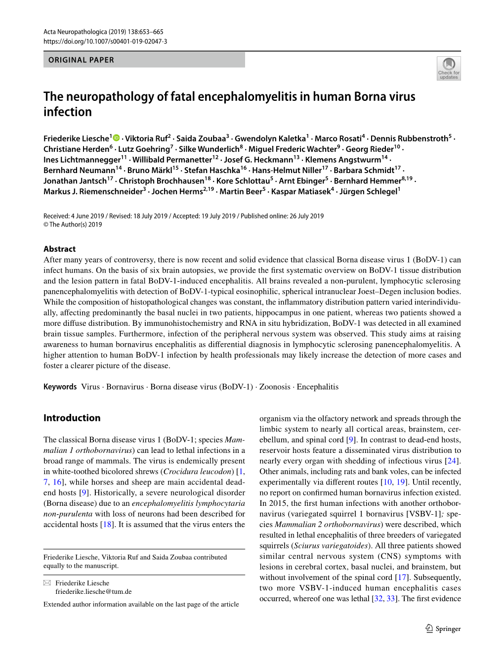 The Neuropathology of Fatal Encephalomyelitis in Human Borna Virus Infection