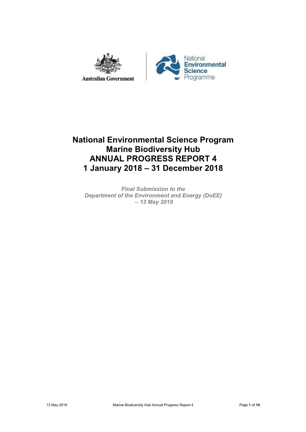 National Environmental Science Program Marine Biodiversity Hub ANNUAL PROGRESS REPORT 4 1 January 2018 – 31 December 2018