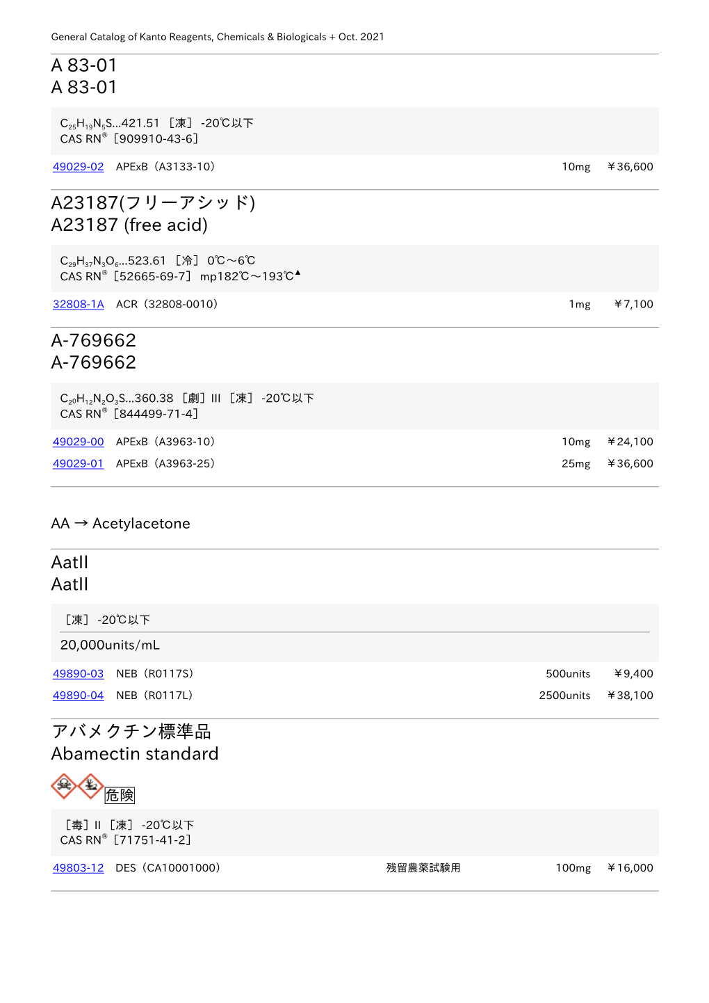 A23187(フリーアシッド) A23187 (Free Acid) Aatii Aatii アバメクチン標準品 Abamectin Standard Abasi Abasi