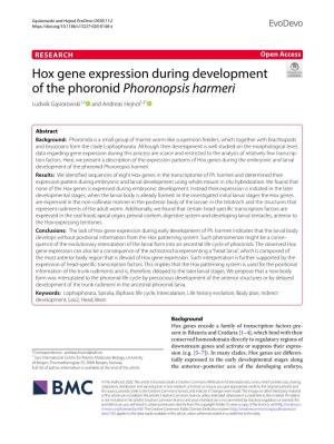 Hox Gene Expression During Development of the Phoronid Phoronopsis Harmeri Ludwik Gąsiorowski1,2 and Andreas Hejnol1,2*