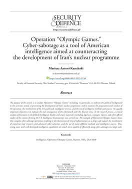 Operation “Olympic Games.” Cyber-Sabotage As a Tool of American Intelligence Aimed at Counteracting the Development of Iran’S Nuclear Programme