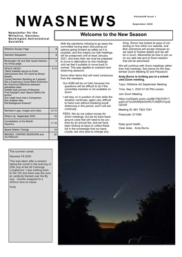September 2020 Newsletter for the Wiltshire, Swindon, Welcome to the New Season Beckington Astronomical Societies with the Pandemic Refusing to Go Away the Thing
