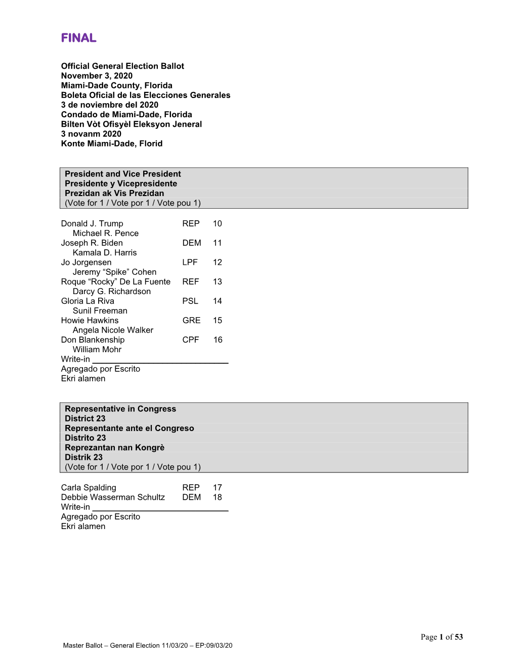 Page 1 of 53 Official General Election Ballot November 3, 2020 Miami