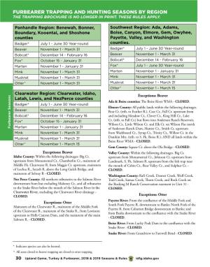 Furbearer Trapping and Hunting Seasons by Region the Trapping Brochure Is No Longer in Print
