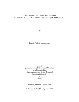 TO BE a LIBERATED AFRICAN in BRAZIL: LABOUR and CITIZENSHIP in the NINETEENTH CENTURY by Beatriz Gallotti Mamigonian a Thesis Pr