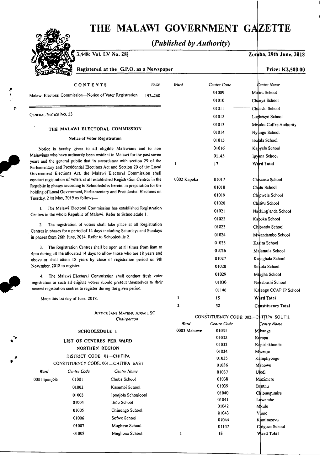 THE MALAWI GOVERNMENT GAZETTE {Published by Authority)