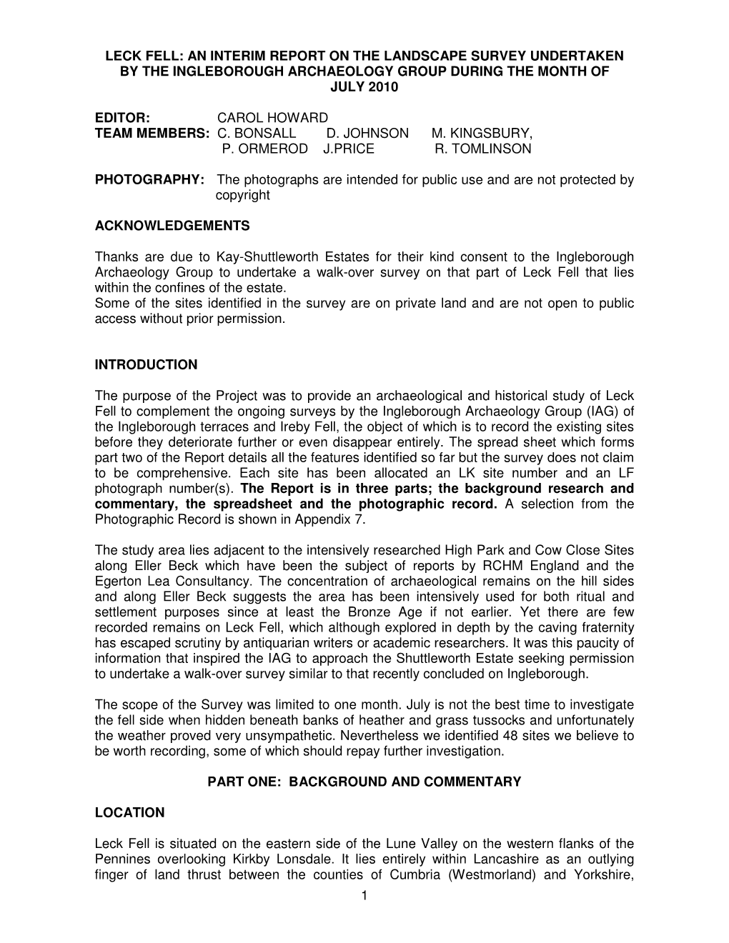 1 Leck Fell: an Interim Report on the Landscape Survey Undertaken by the Ingleborough Archaeology Group During the Month of July