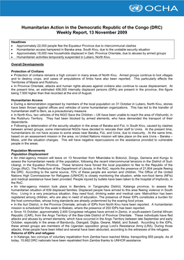 Humanitarian Action in the Democratic Republic of the Congo (DRC) Weekly Report, 13 November 2009