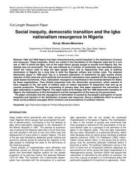 Social Inequity, Democratic Transition and the Igbo Nationalism Resurgence in Nigeria