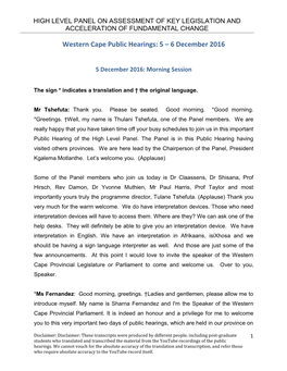 Western Cape Public Hearings: 5 – 6 December 2016