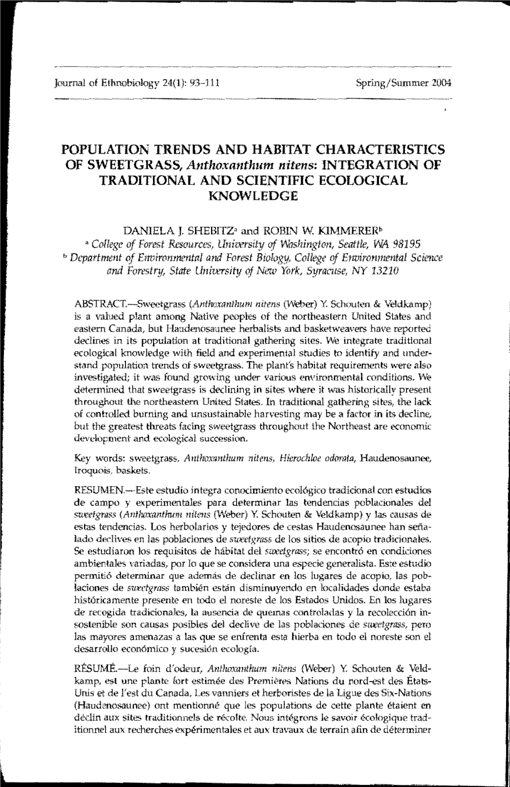 OF SWEETGRASS, Anthoxanthum Nitens: INTEGRATION of TRADITIONAL and SCIENTIFIC ECOLOGICAL KNOWLEDGE