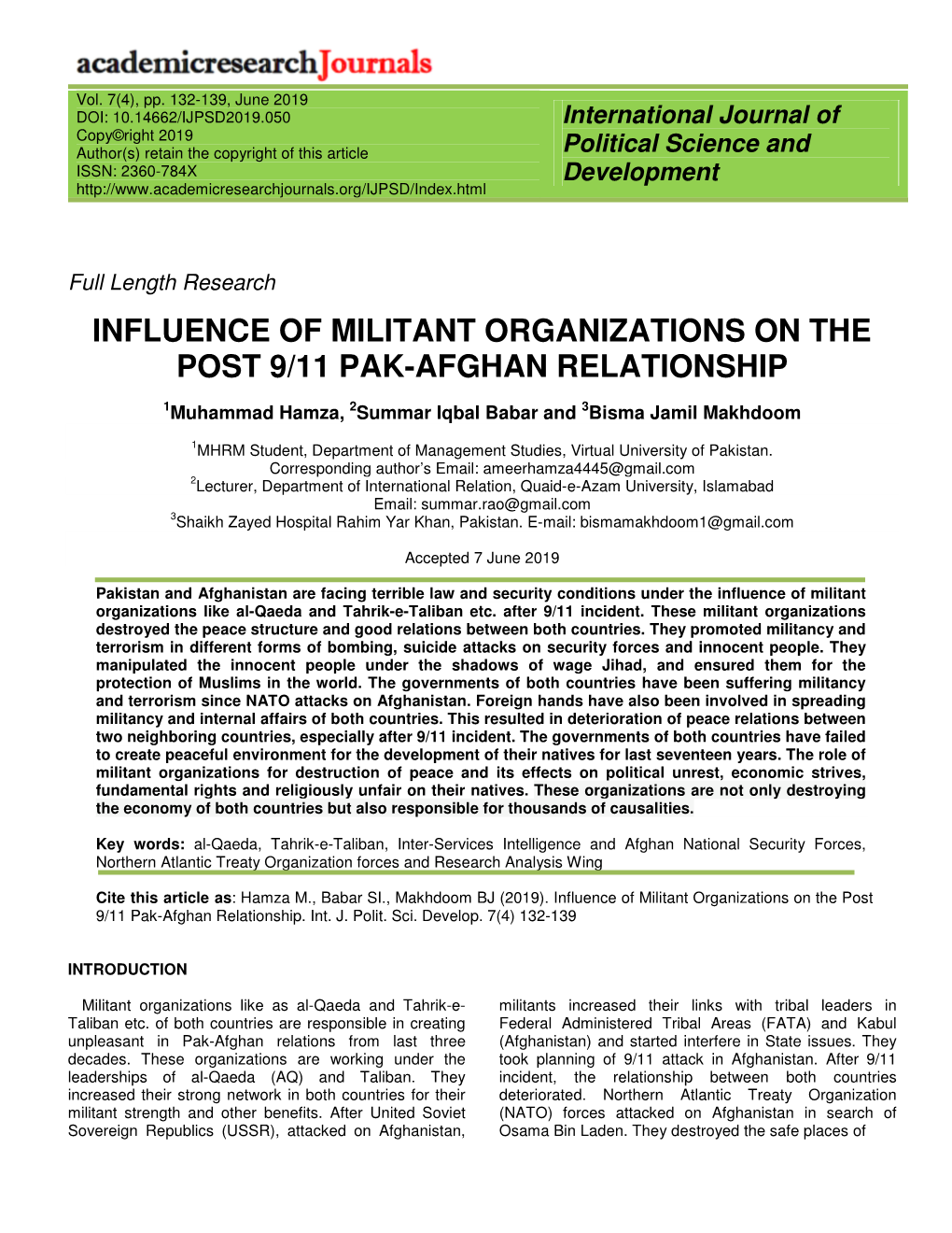 Influence of Militant Organizations on the Post 9/11 Pak-Afghan Relationship