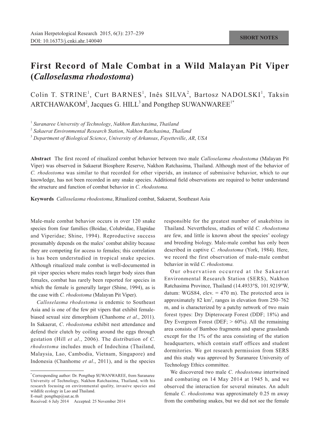 First Record of Male Combat in a Wild Malayan Pit Viper (Calloselasma Rhodostoma)