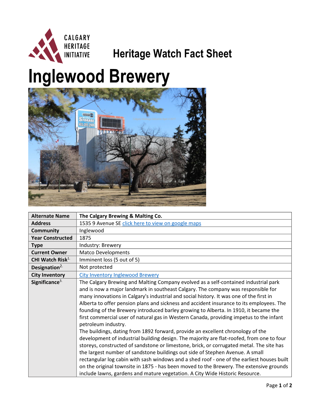 Inglewood Brewery Fact Sheet