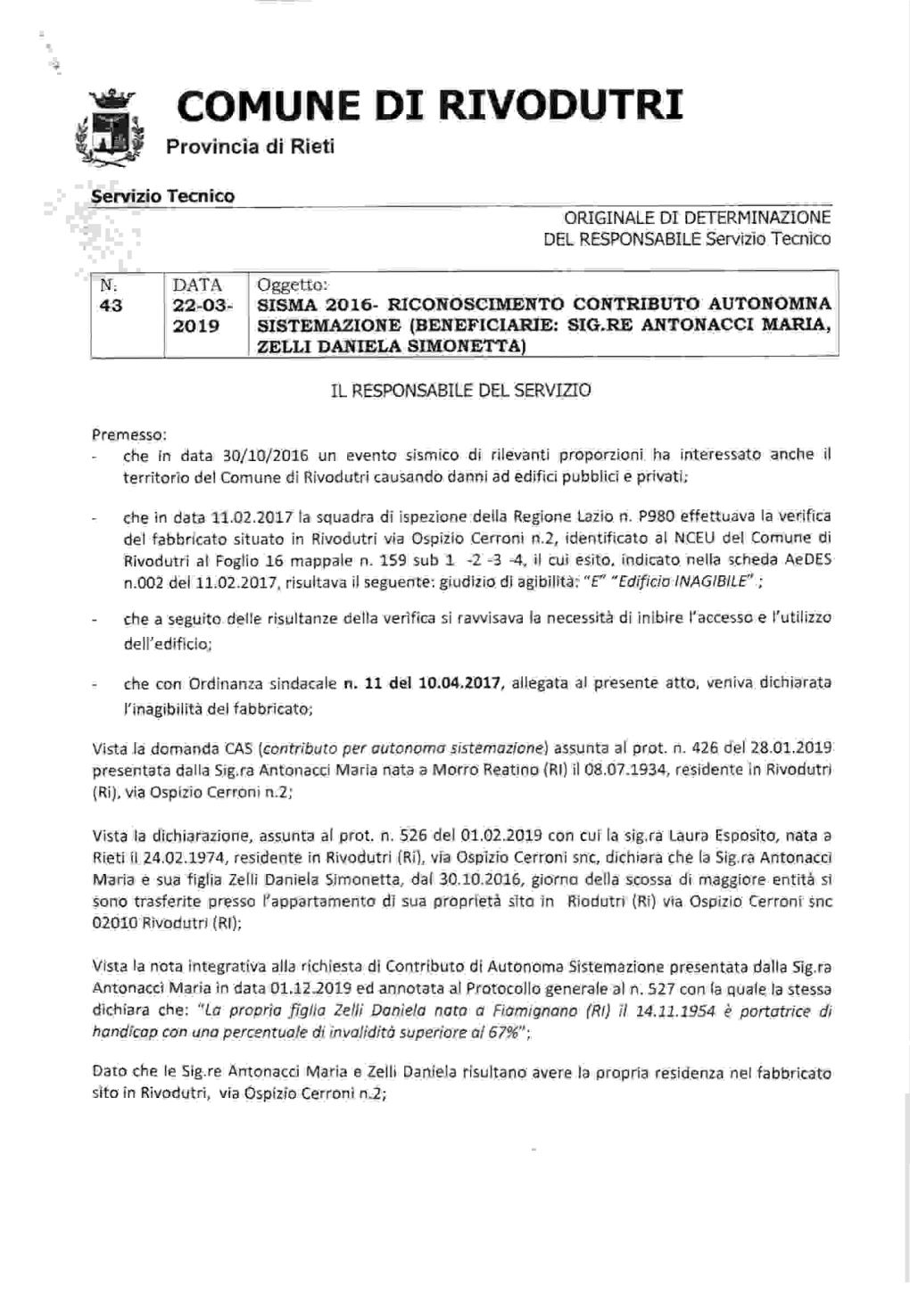 COMUNE DI RIVODUTRI @T§ Provincia Di Rieti Servizio Tecnico ORIGINALE DI DETERMINMIONE DEL RESPONSABILE Servizio Tecnico