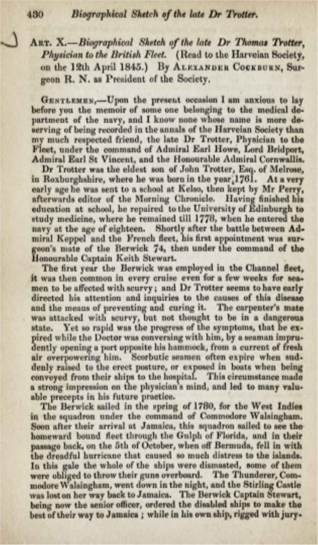 Biographical Sketch of the Late Dr Trotter, Physician to the British Fleet