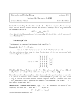 Lecture 12: November 6, 2013 1 Hamming Code