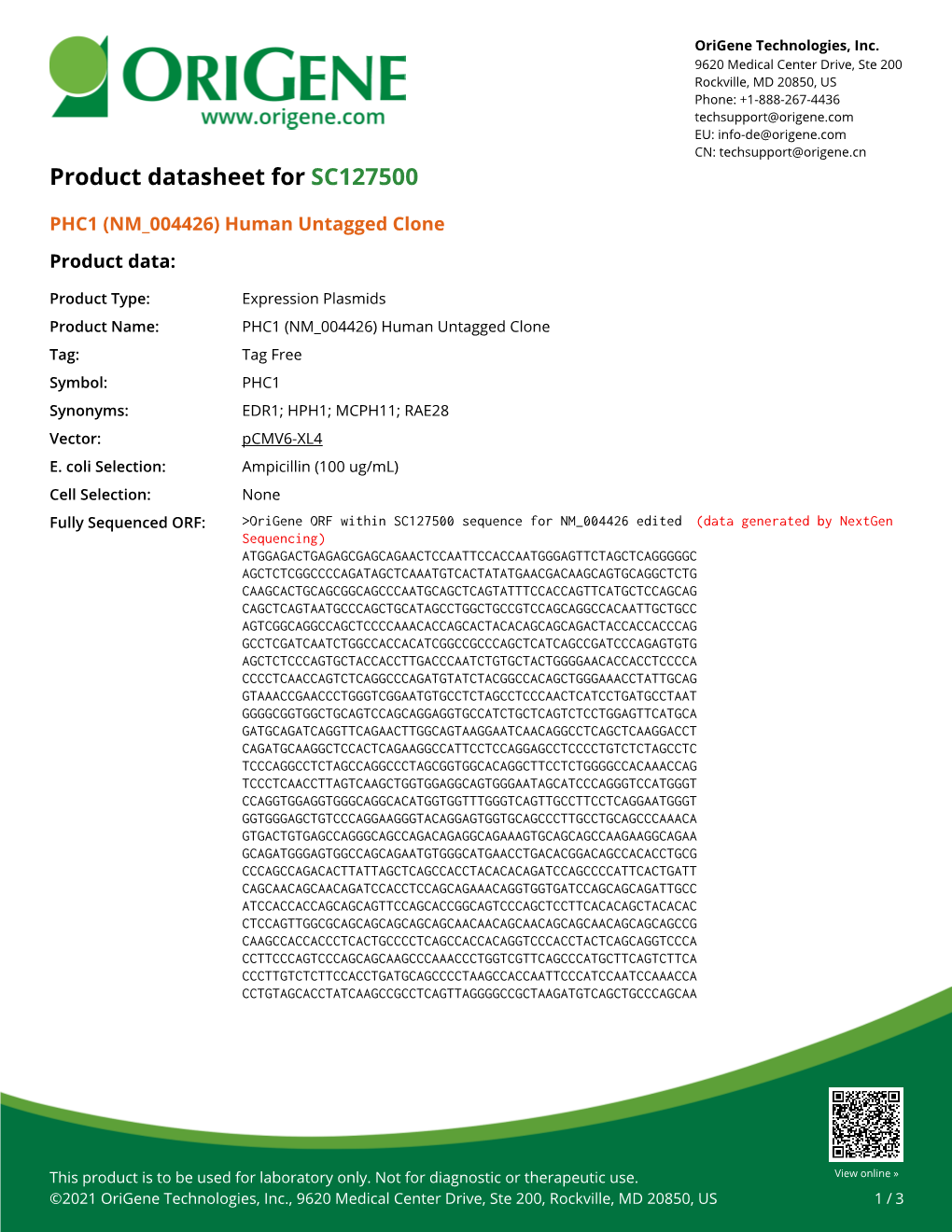 PHC1 (NM 004426) Human Untagged Clone Product Data