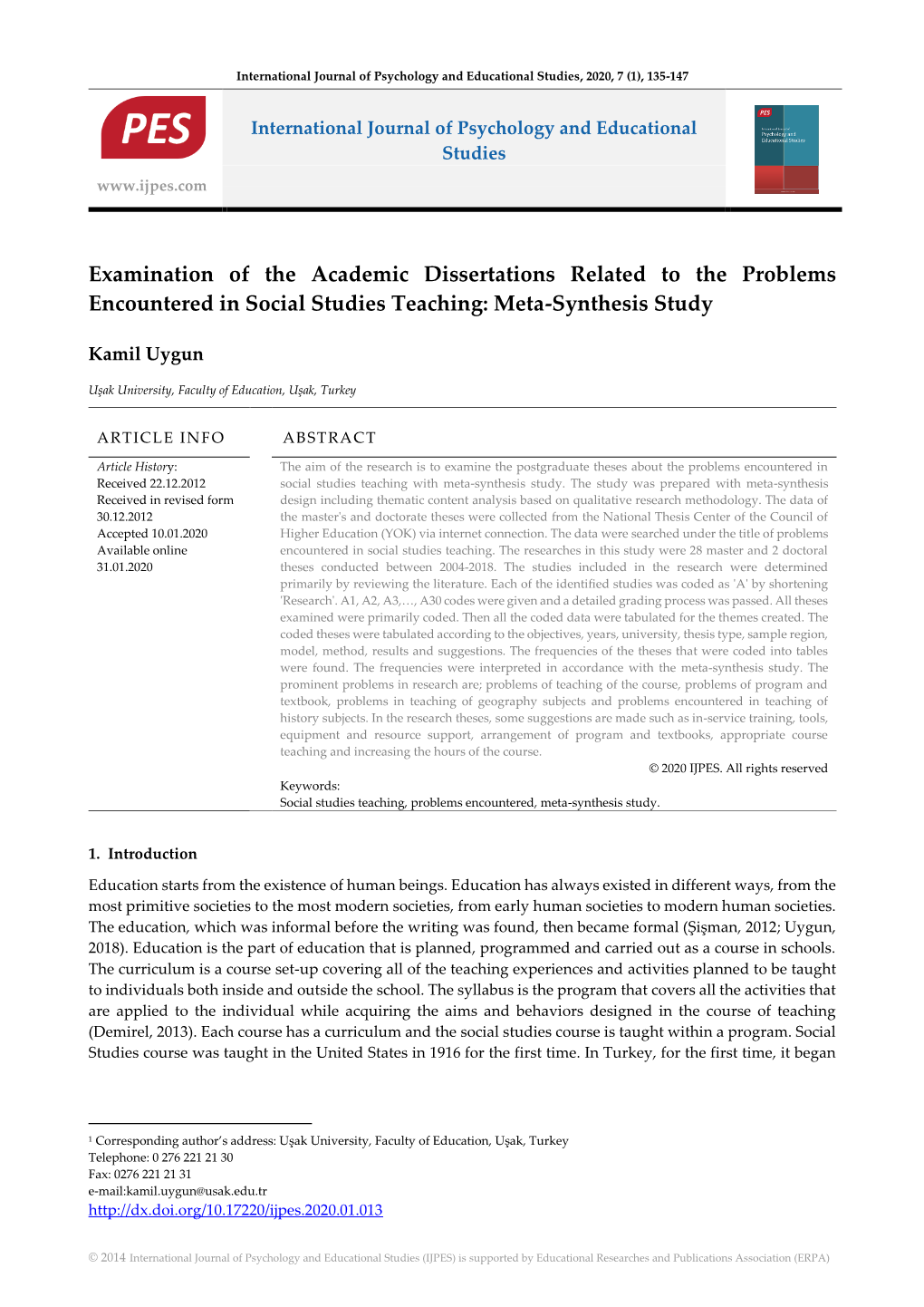 Examination of the Academic Dissertations Related to the Problems Encountered in Social Studies Teaching: Meta-Synthesis Study