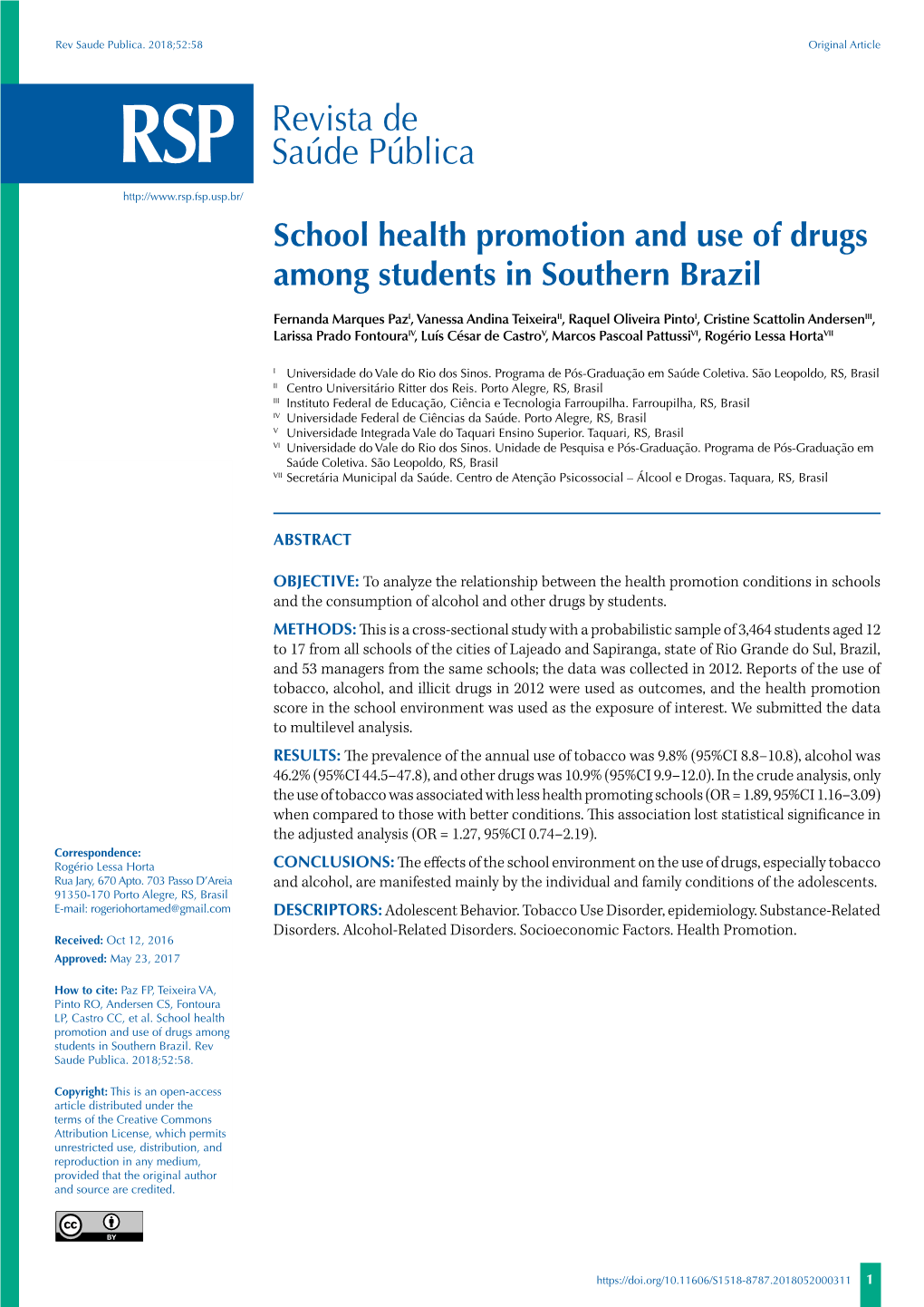 School Health Promotion and Use of Drugs Among Students in Southern Brazil