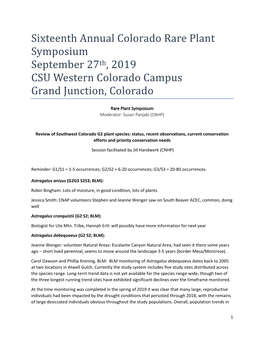 Sixteenth Annual Colorado Rare Plant Symposium Minutes