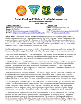 Archie Creek and Thielsen Fires Update October 5, 2020
