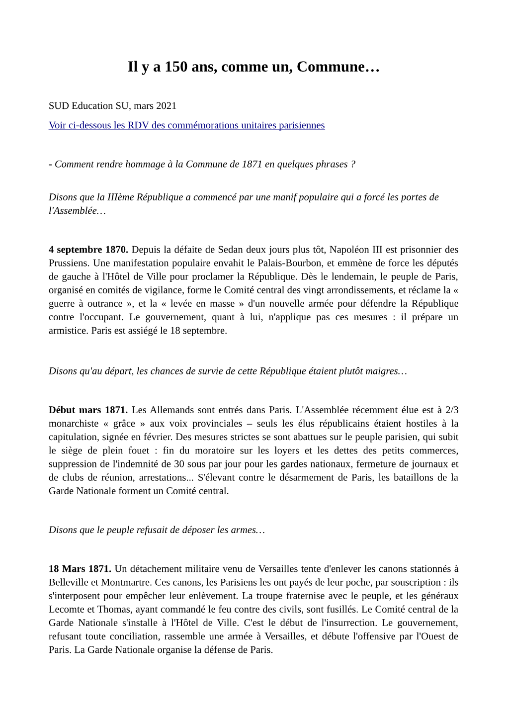 La Commune De 1871 En Quelques Phrases ?