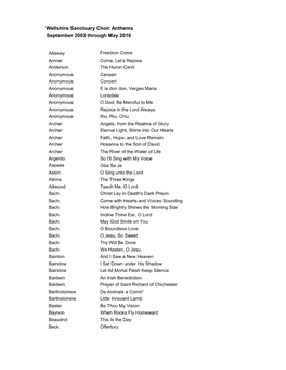 Wellshire Sanctuary Choir Anthems September 2003 Through May 2016