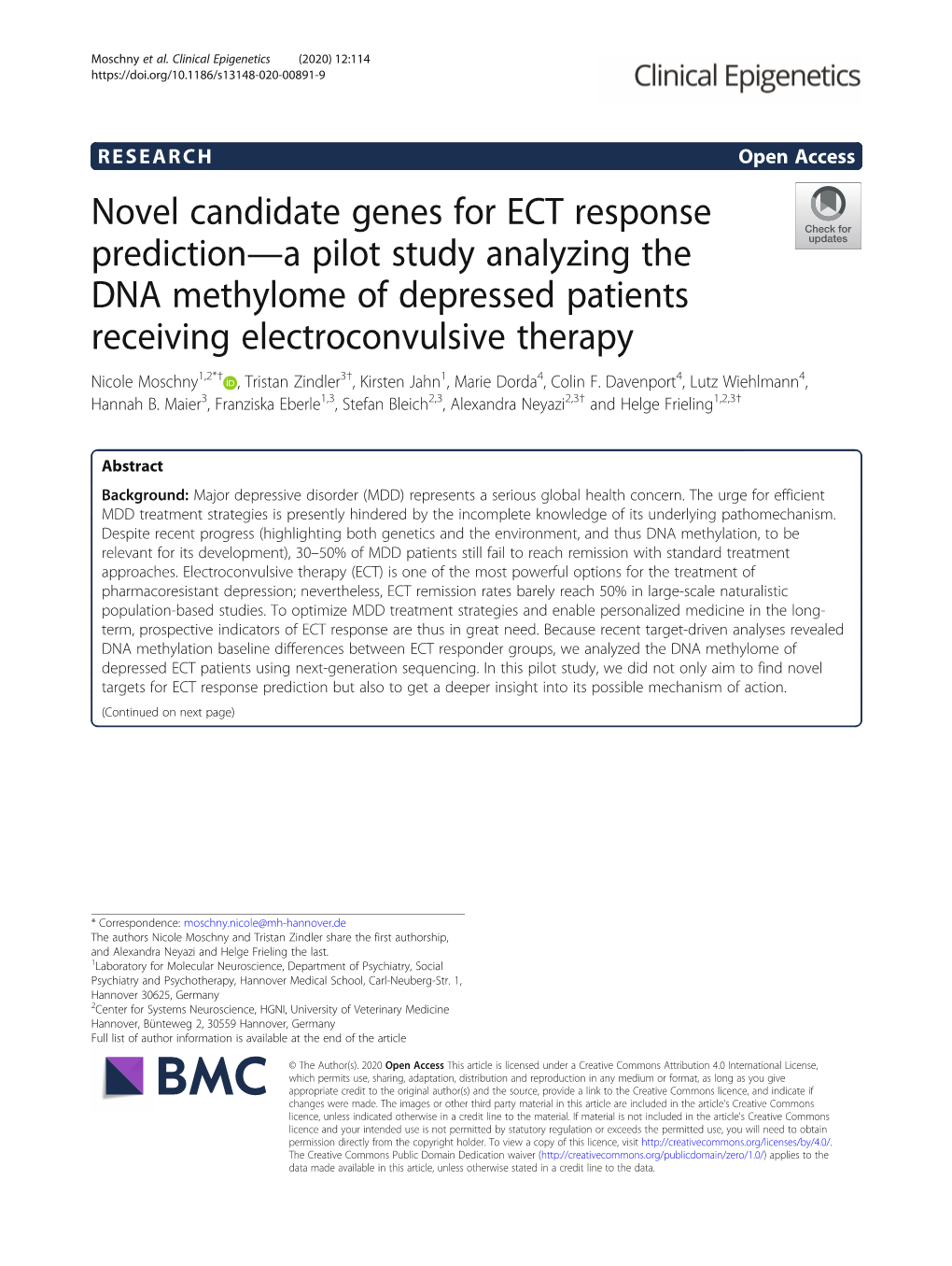 Novel Candidate Genes for ECT Response Prediction—A Pilot Study