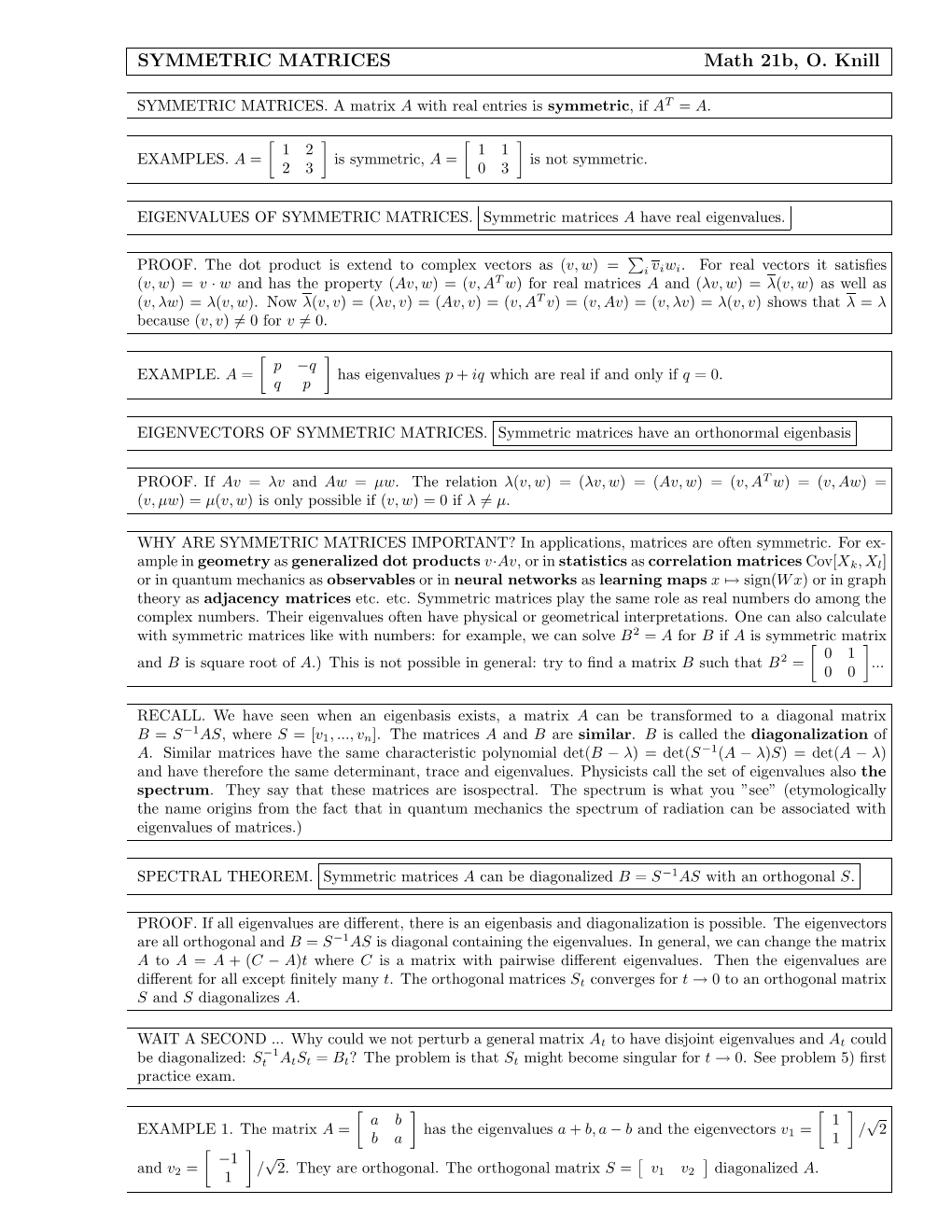 SYMMETRIC MATRICES Math 21B, O. Knill