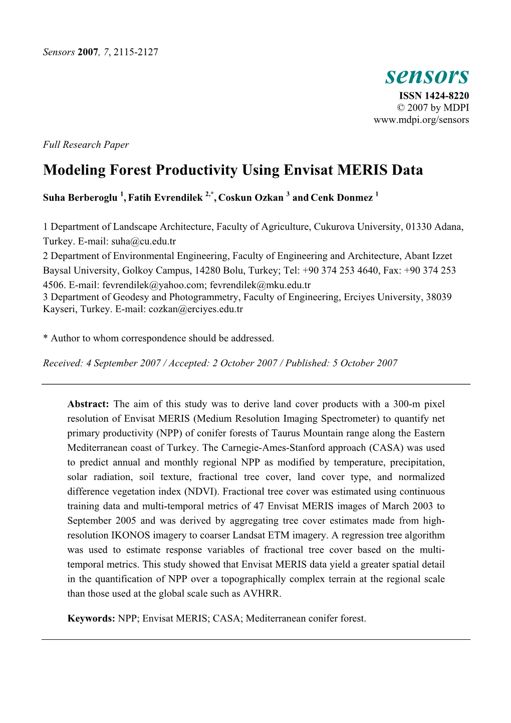 Modeling Forest Productivity Using Envisat MERIS Data