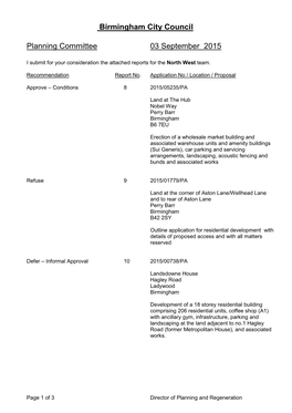 Birmingham City Council Planning Committee 03 September 2015