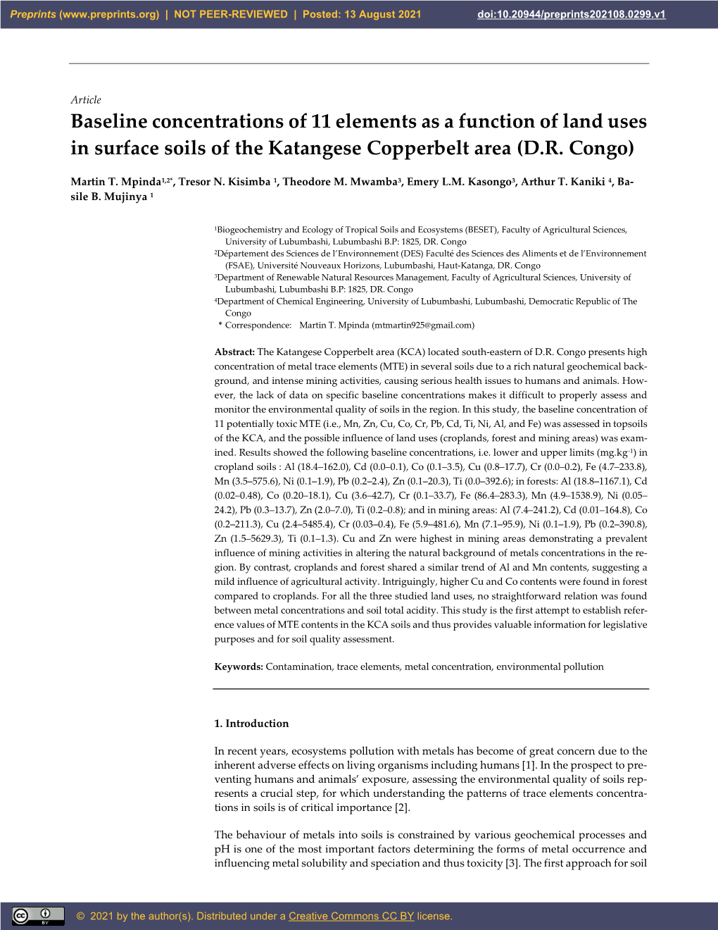 Baseline Concentrations of 11 Elements As a Function of Land Uses in Surface Soils of the Katangese Copperbelt Area (D.R. Congo)