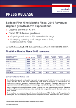 Sodexo First Nine Months Fiscal 2019 Revenue: Organic Growth Above Expectations