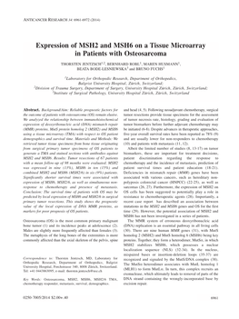 Expression of MSH2 and MSH6 on a Tissue Microarray in Patients with Osteosarcoma