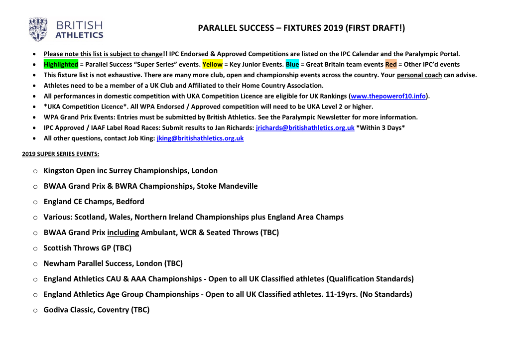 Parallel Success – Fixtures 2019 (First Draft!)